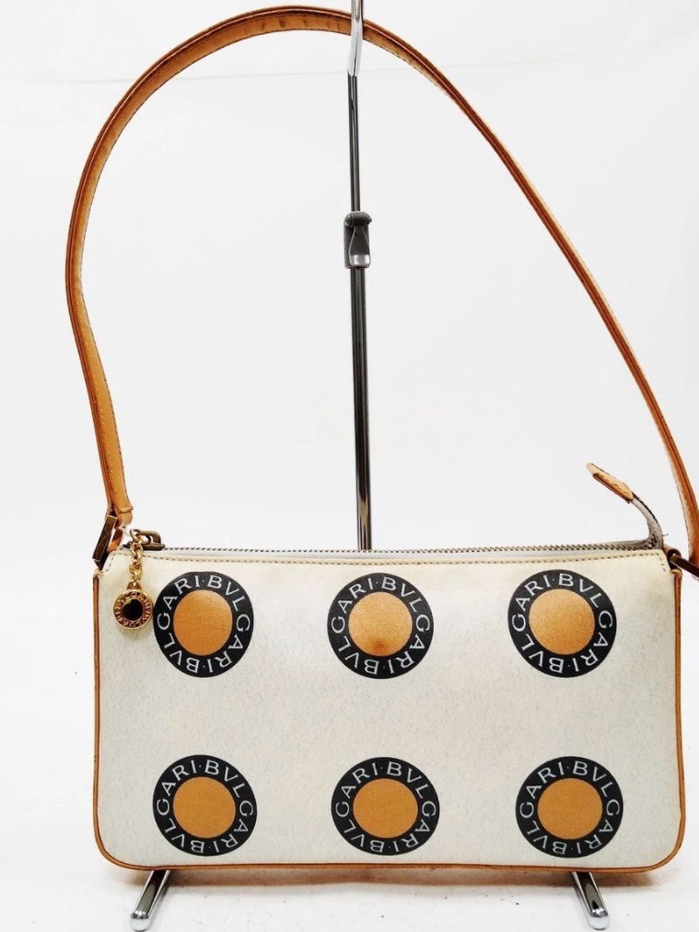 Bulgari Cream Shoulder Bag with Tan Accents and Logo Medallions